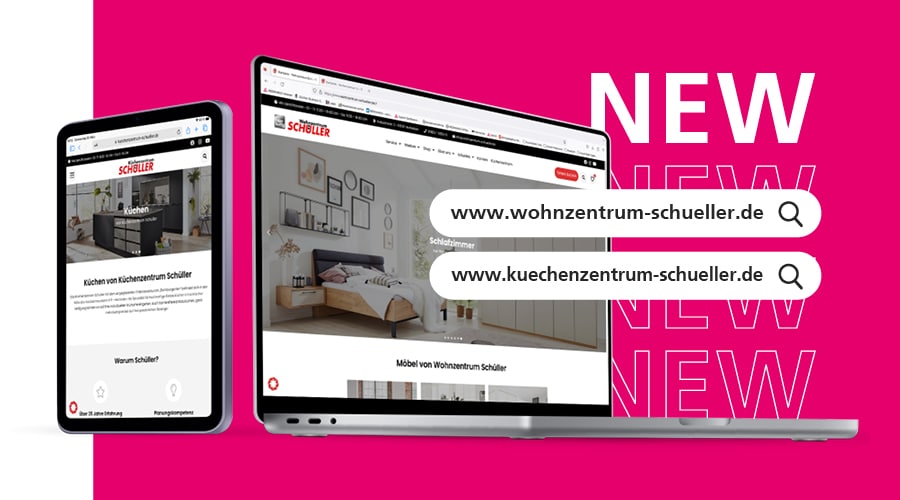 Neue Webseiten Referenz für Wohnzentrum & Küchenzentrum Schüller. Dargestellt mit einem Laptop und einem Handy.