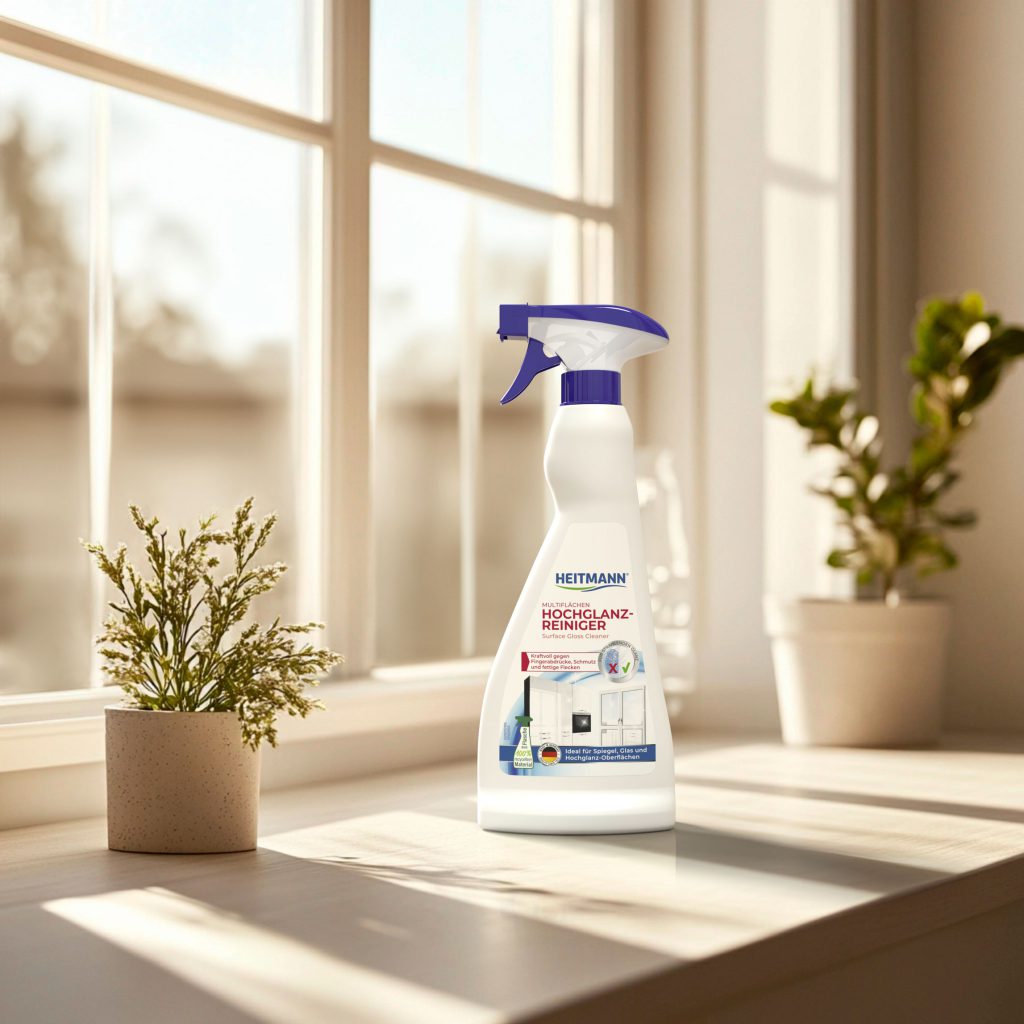 Referenz Brauns-Heitmann Sprühflasche stehend auf einer Fensterbank. Die Flasche ist weiß mit blauen Akzenten.